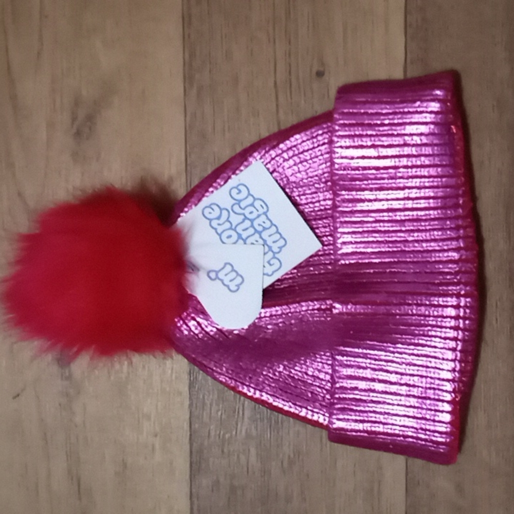 NWT "More Than Magic" pink metallic knit hat w/pom pom
